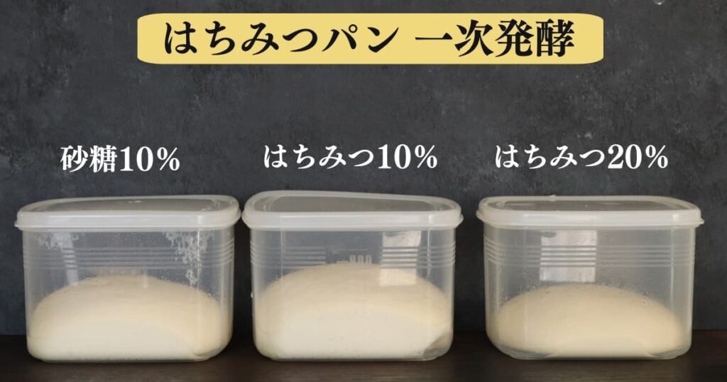 はちみつパンが膨らまない原因と対処法を考察するための実験結果。
砂糖10％とはちみつ10％、はちみつ20％のパン生地を一次発酵させて比べている画像。はちみつ２０％のパン生地は他に比べて膨らんでいない。
original photographic evidence