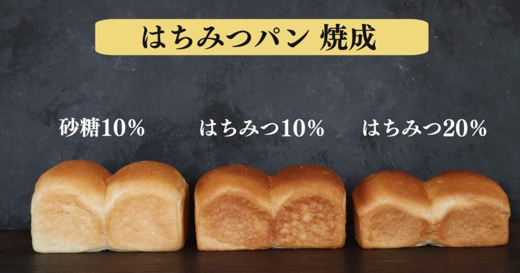 はちみつパンが膨らまない原因と対処法を考察するための実験結果。
砂糖10％とはちみつ10％、はちみつ20％のパン生地を焼成して比べている画像。はちみつ２０％のパン生地は他に比べて膨らんでいない。
original photographic evidence