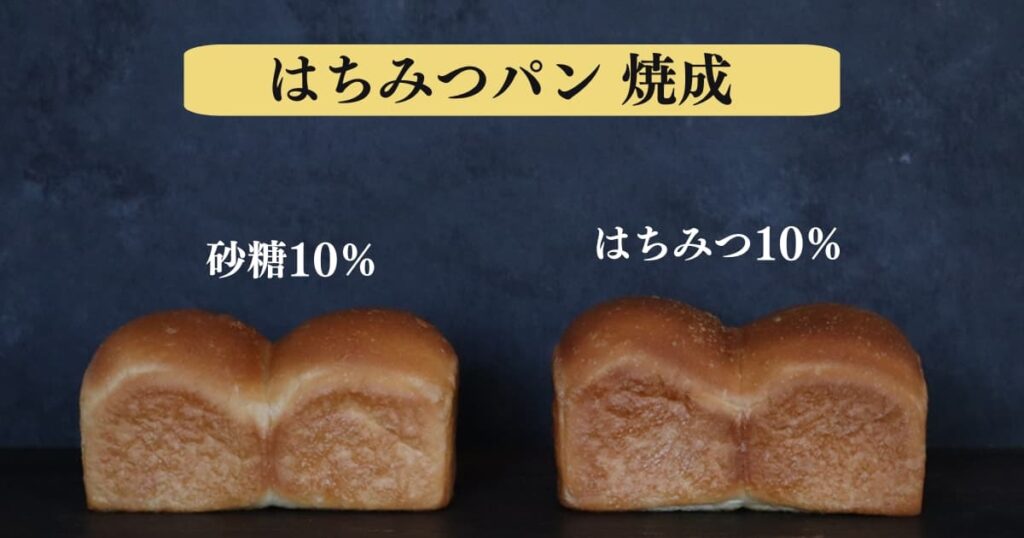 はちみつパンが膨らまない原因と対処法を考察するための実験結果。砂糖10％とはちみつ10％のパン生地を焼成比べている画像。はちみつのパンも砂糖と同じくらい膨らんで焼けた。
original photographic evidence