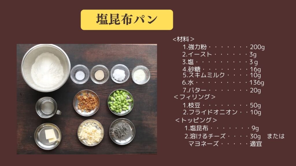 original photographic evidence
美味しい塩昆布パンの全ての材料を映した画像